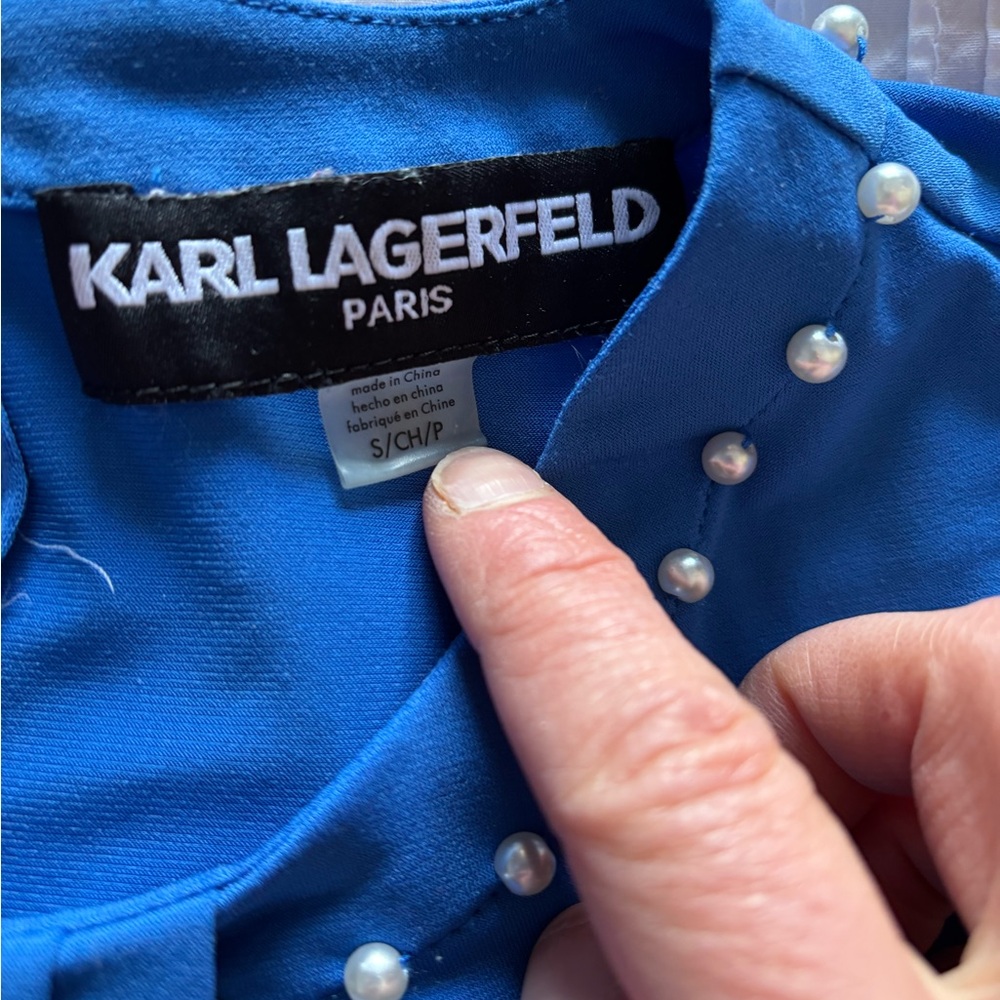 Karl Lagerfeld Royal Blue Pearl-Trim Blouse